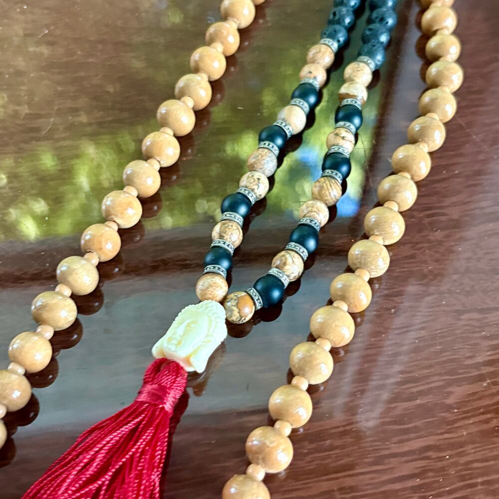 Buddha Mala Necklace Lava Stone Red Tassel with Separate Wooden Bead Necklace - Picture 6 of 15
